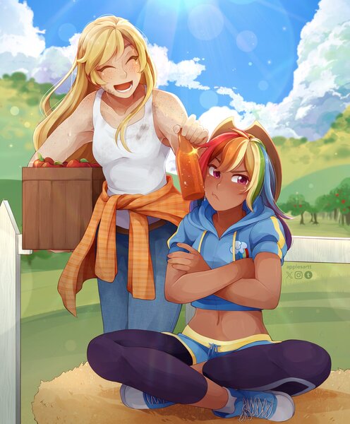 Size: 1693x2048 | Tagged: safe, artist:applesartt, derpibooru import, applejack, rainbow dash, human, appledash, applejack's hat, cowboy hat, dark skin, eyes closed, female, freckles, hat, humanized, image, jpeg, lesbian, light skin, pouting, shipping