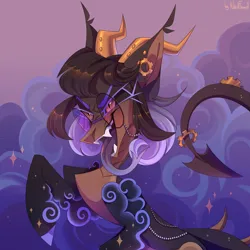 Size: 3000x3000 | Tagged: safe, artist:nikol flamel, derpibooru import, oc, oc:medea violet ring, unofficial characters only, original species, pony, art trade, dragon tail, ear piercing, fangs, female, forked tongue, gears, glasses, horn, hybrid oc, image, mare, multiple horns, piercing, png, smoke, solo, sparkles, tail