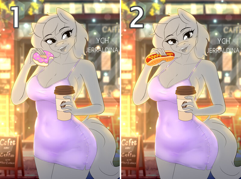 Size: 2000x1488 | Tagged: suggestive, artist:jerraldina, derpibooru import, anthro, cafe, commission, donut, fast food, female, food, hot dog, image, jpeg, meat, sausage, your character here