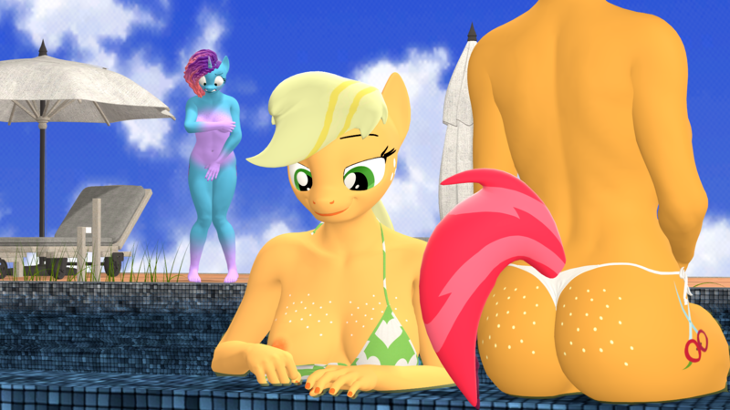 Size: 1920x1080 | Tagged: questionable, artist:papadragon69, derpibooru import, applejack, babs seed, anthro, earth pony, plantigrade anthro, unicorn, g5, 3d, areola, bikini, boob freckles, breasts, buns seed, busty applejack, butt freckles, chest freckles, clothes, covering, embarrassed, embarrassed nude exposure, freckles, g4, image, misty brightdawn, nipples, nudity, older, older babs seed, partial nudity, png, rebirth misty, source filmmaker, swimming pool, swimsuit, topless, undressing, water