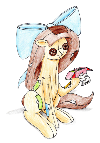 Size: 750x1066 | Tagged: safe, artist:40kponyguy, derpibooru import, edit, oc, oc:raggie, unofficial characters only, hagwarders, original species, pony, derpibooru community collaboration, 2024 community collab, bow, derpibooru exclusive, female, hair bow, hoof hold, image, living doll, mare, png, simple background, solo, stuffing, traditional art, transparent background
