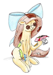 Size: 750x1066 | Tagged: safe, artist:40kponyguy, derpibooru import, edit, oc, oc:raggie, unofficial characters only, hagwarders, original species, pony, derpibooru community collaboration, 2024 community collab, bow, derpibooru exclusive, female, hair bow, hoof hold, image, living doll, mare, png, simple background, solo, stuffing, traditional art, transparent background
