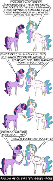 Size: 1000x3400 | Tagged: safe, artist:sneshpone, derpibooru import, princess celestia, twilight sparkle, alicorn, pony, unicorn, season 1, the ticket master, alternate scenario, comic, dialogue, duo, duo female, female, g4, gun, image, jpeg, mare, russian roulette, speech bubble, this will end in death, this will end in tears, this will end in tears and/or death, unicorn twilight, weapon