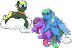 Size: 3361x2254 | Tagged: safe, artist:morrigun, derpibooru import, oc, unofficial characters only, pegasus, pony, unicorn, derpibooru community collaboration, 2024 community collab, clothes, cloud, derpibooru exclusive, eyes closed, eyes open, female, flying, goggles, googly eyes, horn, image, looking at you, lying down, male, mare, pegasus oc, png, scarf, simple background, stallion, tongue out, transparent background, unicorn oc, wings