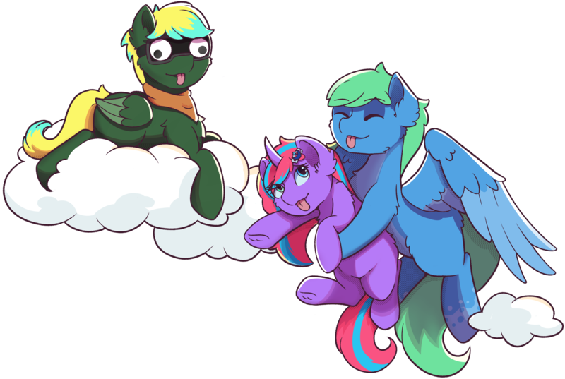 Size: 3361x2254 | Tagged: safe, artist:morrigun, derpibooru import, oc, unofficial characters only, pegasus, pony, unicorn, derpibooru community collaboration, 2024 community collab, clothes, cloud, derpibooru exclusive, eyes closed, eyes open, female, flying, goggles, googly eyes, horn, image, looking at you, lying down, male, mare, pegasus oc, png, scarf, simple background, stallion, tongue out, transparent background, unicorn oc, wings