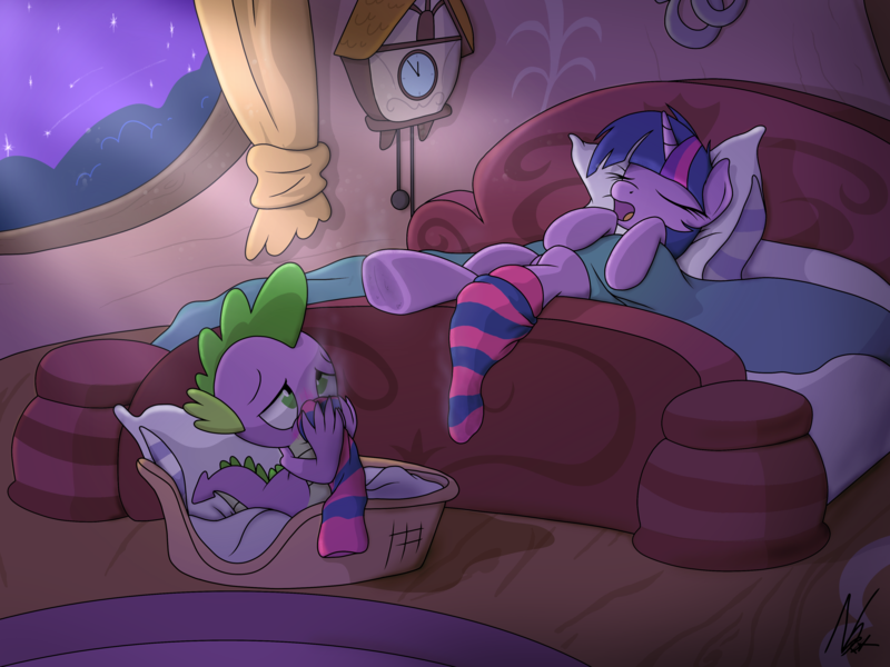 Size: 4000x3000 | Tagged: suggestive, artist:noomeralf, derpibooru import, spike, twilight sparkle, dragon, pony, unicorn, bed, bedroom, clothes, dirty hooves, fetish, g4, hoof fetish, image, night, olfactophilia, png, sleeping, smelling, smelly hooves, smelly socks, sniffing, sock fetish, socks, sweat