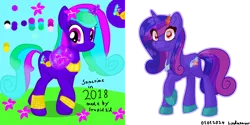 Size: 4000x2000 | Tagged: safe, artist:lindasaurie, derpibooru import, oc, unofficial characters only, pony, unicorn, armband, base used, clothes, colored lineart, eye clipping through hair, flower, flower in hair, horn, image, jewelry, looking at you, magic, necklace, old art, old oc, png, raised hoof, redraw, shoes, signature, smiling, solo, telekinesis, text, unicorn oc