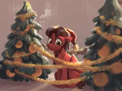 Size: 1455x1088 | Tagged: safe, artist:jewellier, derpibooru import, oc, oc:july red pencil, unofficial characters only, pegasus, pony, abstract background, christmas, christmas tree, female, floppy ears, glasses, hat, holiday, image, looking down, mare, pegasus oc, png, santa hat, sitting, solo, tinsel, tree, wings