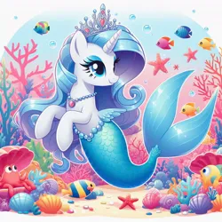 Size: 1024x1024 | Tagged: safe, ai content, derpibooru import, prompter:bellaswangirl71, rarity, fish, mermaid, merpony, pony, seapony (g4), starfish, turtle, unicorn, beautiful, blue mane, blue tail, bubble, coral, crepuscular rays, crown, cute, eyelashes, eyeshadow, female, fins, fish tail, flowing mane, flowing tail, g4, gem, generator:dall-e 3, horn, image, jewelry, jpeg, lidded eyes, makeup, mare, necklace, ocean, pearl necklace, regalia, scales, seaponified, seapony rarity, seashell, seaweed, smiling, solo, sparkles, species swap, stars, sunlight, swimming, tail, underwater, water, wings