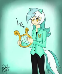 Size: 1500x1800 | Tagged: safe, artist:antonellax100, derpibooru import, lyra heartstrings, human, clothes, eared humanization, g4, gradient background, humanized, image, jpeg, lyre, musical instrument, pony ears, shirt, smiling, solo, tailed humanization