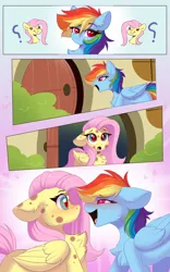 Size: 2560x4096 | Tagged: safe, artist:kebchach, derpibooru import, fluttershy, rainbow dash, pegasus, pony, art pack:welcum to birthday artpack, comic:hurricane sluttershy, hurricane fluttershy, blushing, g4, image, looking at each other, looking at someone, missing cutie mark, open mouth, open smile, png, question mark, smiling