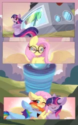 Size: 2560x4096 | Tagged: safe, artist:kebchach, derpibooru import, fluttershy, rainbow dash, twilight sparkle, pegasus, pony, unicorn, art pack:welcum to birthday artpack, comic:hurricane sluttershy, hurricane fluttershy, blushing, comic, g4, goggles, image, looking at someone, missing cutie mark, open mouth, png, smiling, tornado