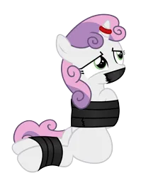 Size: 1500x1889 | Tagged: safe, artist:cardshark777, derpibooru import, sweetie belle, pony, unicorn, arm behind back, bondage, bound and gagged, captive, digital art, female, filly, foal, g4, gag, helpless, hooves behind back, horn, horn ring, image, jewelry, looking up, magic suppression, png, ring, simple background, sitting, solo, tape, tape bondage, tape gag, transparent background
