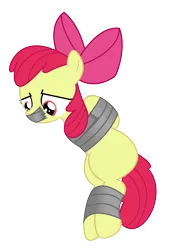 Size: 1500x2074 | Tagged: safe, artist:cardshark777, derpibooru import, apple bloom, earth pony, pony, arm behind back, bondage, bound and gagged, captive, digital art, female, filly, foal, g4, gag, helpless, hooves behind back, image, looking down, png, simple background, solo, tape, tape bondage, tape gag, transparent background