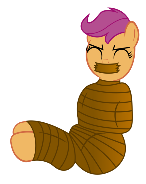 Size: 1500x1891 | Tagged: safe, artist:cardshark777, derpibooru import, scootaloo, pegasus, pony, arm behind back, bondage, bound and gagged, captive, digital art, eyes closed, female, filly, foal, g4, gag, helpless, hooves behind back, image, looking down, mummification, mummified, png, simple background, solo, tape, tape bondage, tape gag, transparent background, wrapped up