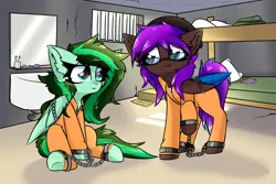 Size: 3000x2000 | Tagged: safe, artist:jubyskylines, derpibooru import, oc, oc:eden shallowleaf, oc:luminous breeze, unofficial characters only, pegasus, bound wings, chained, chains, clothes, commissioner:rainbowdash69, glasses, image, jail, jail cell, jumpsuit, never doubt rainbowdash69's involvement, pegasus oc, png, prison, prison cell, prison outfit, shackles, wings