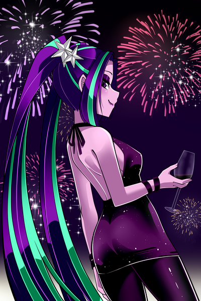 Size: 2000x3000 | Tagged: safe, artist:nekojackun, derpibooru import, aria blaze, equestria girls, alcohol, arse-ia blaze, bare shoulders, bedroom eyes, breasts, eyeshadow, female, fireworks, glass, happy new year 2024, image, looking at you, makeup, open-back dress, pigtails, png, reasonably sized breasts, side view, sideboob, smiling, solo, twintails, wine, wine glass