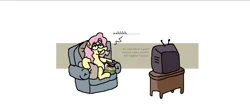 Size: 3125x1302 | Tagged: safe, artist:punkittdev, derpibooru import, fluttershy, pegasus, pony, cat food, chair, female, flutterhigh, high, image, lidded eyes, mare, png, simple background, sitting, solo, television, the golden girls, white background