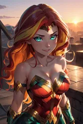 Size: 1024x1536 | Tagged: safe, ai content, derpibooru import, editor:sammykun, machine learning generated, sunset shimmer, human, armor, bracer, breasts, busty sunset shimmer, cleavage, clothes, cosplay, costume, dc comics, dc superhero girls, female, g4, generator:yodayo, gold, humanized, image, jpeg, long hair, looking at you, metal, prompter:sammykun, reasonably sized breasts, shiny, smiling, solo, sun, wonder woman