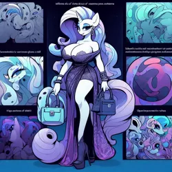 Size: 1024x1024 | Tagged: safe, ai content, derpibooru import, machine learning generated, oc, unofficial characters only, alien, alien pony, anthro, unicorn, bag, big breasts, breasts, cleavage, clothes, curvy, diagram, dress, ear piercing, earring, egg cell, female, handbag, high heels, hourglass figure, huge breasts, image, jewelry, jpeg, looking at you, not rarity, piercing, prompter:horselover fat, purse, shoes, shopping, smiling, solo, textbook, unreadable text, wide hips