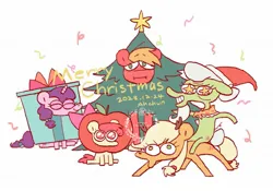 Size: 1749x1222 | Tagged: safe, artist:nidexiaozhu274, derpibooru import, apple bloom, applejack, big macintosh, granny smith, sugar belle, earth pony, pony, unicorn, animal costume, apple costume, apple family, christmas, christmas tree costume, clothes, costume, female, filly, foal, hat, holiday, image, jpeg, male, mare, merry christmas, present costume, reindeer costume, santa hat, stallion