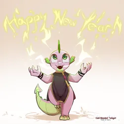 Size: 1200x1200 | Tagged: safe, artist:cold-blooded-twilight, derpibooru import, spike, dragon, chinese dress, clothes, crossdressing, dress, fangs, fire, happy new year 2024, image, magic, png, raised leg, wide hips, year of the dragon