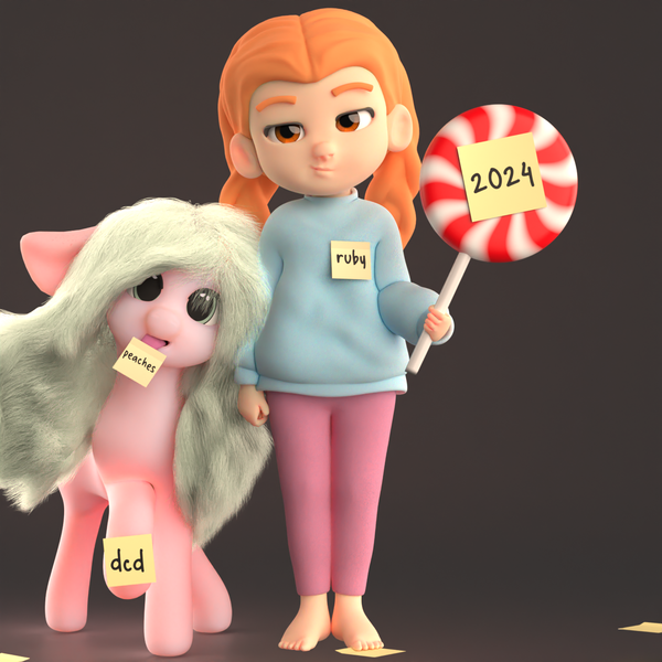 Size: 1280x1280 | Tagged: safe, artist:dcd, derpibooru import, oc, oc:peaches.dcd, oc:ruby.dcd, unofficial characters only, earth pony, human, pony, 3d, 3d model, adorable face, big ears, blender, blender cycles, braid, braided pigtails, braided ponytail, candy, chubby cheeks, clothes, cute, dilated pupils, duo, female, floppy ears, fluffy, food, hair, image, lollipop, pigtails, png, ponytail, siblings, simple background, sisters, small pony, sticky note, sweater, wholesome