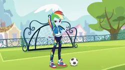 Size: 1920x1080 | Tagged: safe, artist:twilirity, derpibooru import, rainbow dash, human, equestria girls, clothes, converse, female, football, goal, image, jacket, jpeg, pants, shirt, shoes, sneakers, soccer field, solo, sports