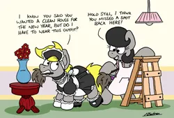 Size: 2421x1641 | Tagged: suggestive, artist:bobthedalek, derpibooru import, oc, oc:mixed melody, oc:octavia's father, oc:octavia's mother, oc:ostinato melody, unofficial characters only, earth pony, pony, cleaning, clothes, crossdressing, duster, image, ladder, maid, png, vase