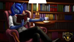 Size: 7680x4320 | Tagged: safe, artist:tsaritsaluna, derpibooru import, princess luna, alicorn, anthro, armchair, book, bookshelf, chair, clothes, cup, female, image, lamp, necktie, png, reading, shoes, sitting, solo, waistcoat