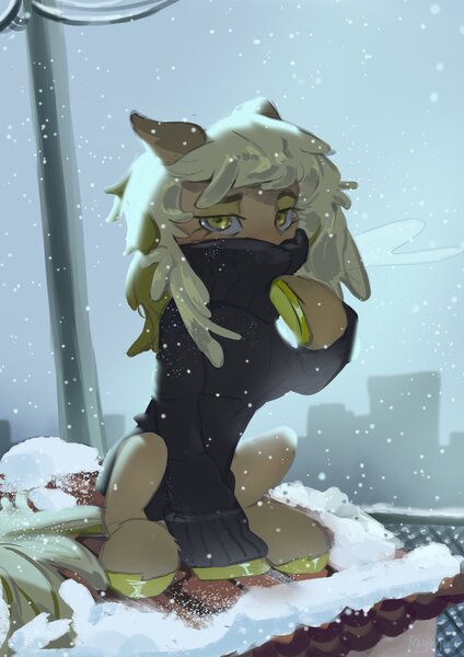 Size: 2480x3508 | Tagged: safe, artist:laymy, derpibooru import, oc, unofficial characters only, earth pony, pony, clothes, high res, image, jpeg, lidded eyes, looking at you, sitting, snow, snowfall, solo, sweater, turtleneck