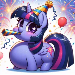 Size: 1024x1024 | Tagged: safe, ai content, derpibooru import, machine learning generated, prompter:inflationvideotv, twilight sparkle, fat, happy new year, holiday, image, jpeg, twilard sparkle