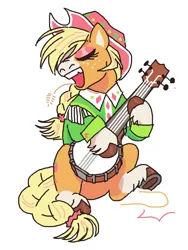 Size: 683x907 | Tagged: safe, artist:necronyancy, derpibooru import, applejack, earth pony, pony, banjo, clothes, eyes closed, freckles, hat, image, jpeg, musical instrument, open mouth, redesign, simple background, sitting, smiling, solo, unshorn fetlocks, white background