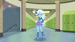 Size: 1920x1080 | Tagged: safe, derpibooru import, trixie, equestria girls, canterlot high, clothes, g4, hallway, hoodie, image, jpeg, lockers, shoes, socks, solo