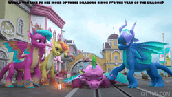 Size: 600x338 | Tagged: safe, derpibooru import, edit, edited screencap, screencap, spike, dragon, g5, my little pony: make your mark, spoiler:g5, spoiler:my little pony: make your mark, spoiler:my little pony: make your mark chapter 6, spoiler:mymc06e02, animated, blaize skysong, dragoness, female, fountain (g5), gif, image, luxxe, male, my little pony: make your mark chapter 6, roots of all evil, year of the dragon