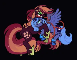 Size: 973x758 | Tagged: safe, artist:necronyancy, derpibooru import, applejack, princess luna, alicorn, earth pony, pony, black background, duo, female, freckles, frown, image, jewelry, jpeg, lesbian, nightmare applejack, nightmarified, regalia, s1 luna, ship:lunajack, shipping, simple background, smiling, smirk, spread wings, wings