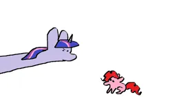 Size: 1152x648 | Tagged: safe, artist:ponyvillez, derpibooru import, pinkie pie, twilight sparkle, earth pony, pony, unicorn, duo, duo female, female, g4, image, long neck, looking at each other, looking at someone, mare, pathetic, png, simple background, sketch, smol, stretching, unicorn twilight, white background