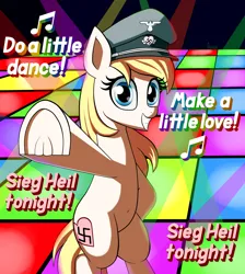 Size: 3050x3400 | Tagged: safe, artist:gsuus, twibooru exclusive, oc, oc:aryanne, unofficial characters only, pony, clothes, dancing, female, image, mare, music, nazi, nazipone, png, sieg heil, solo, solo female, swastika, text