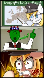 Size: 1750x3050 | Tagged: safe, artist:gsuus, twibooru exclusive, oc, oc:anon, oc:aryanne, unofficial characters only, human, pony, classroom, clothes, comic, dialogue, geography, image, nazi, nazipone, png, swastika, text