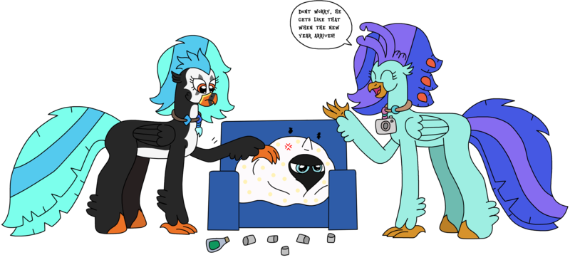 Size: 3190x1455 | Tagged: safe, artist:supahdonarudo, derpibooru import, oc, oc:icebeak, oc:ironyoshi, oc:sea lilly, unofficial characters only, classical hippogriff, hippogriff, blanket, bottle, camera, couch, cross-popping veins, cup, dialogue, emanata, hiding, image, jewelry, necklace, png, simple background, speech bubble, text, transparent background, under blanket, wine bottle