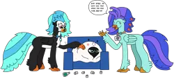 Size: 3190x1455 | Tagged: safe, artist:supahdonarudo, derpibooru import, oc, oc:icebeak, oc:ironyoshi, oc:sea lilly, unofficial characters only, classical hippogriff, hippogriff, blanket, bottle, camera, couch, cross-popping veins, cup, dialogue, emanata, hiding, image, jewelry, necklace, png, simple background, speech bubble, text, transparent background, under blanket, wine bottle