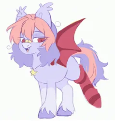Size: 3222x3378 | Tagged: safe, artist:cheekipone, ponerpics import, oc, oc:lunar eclipse, unofficial characters only, bat pony, pony, bandage, bandaid on nose, bat pony oc, bat wings, ear tufts, fangs, female, image, jewelry, jpeg, mare, necklace, open smile, raised leg, simple background, sock, solo, spread wings, standing, stars, unshorn fetlocks, white background, wings