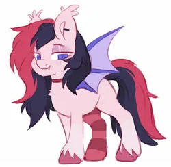 Size: 1648x1610 | Tagged: safe, artist:cheekipone, ponerpics import, oc, oc:solar eclipse, unofficial characters only, bat pony, pony, bat pony oc, bat wings, choker, clothes, ear piercing, ear tufts, eyeshadow, fangs, female, image, jpeg, makeup, mare, piercing, simple background, smiling, sock, socks, solo, spread wings, standing, striped socks, unshorn fetlocks, white background, wings