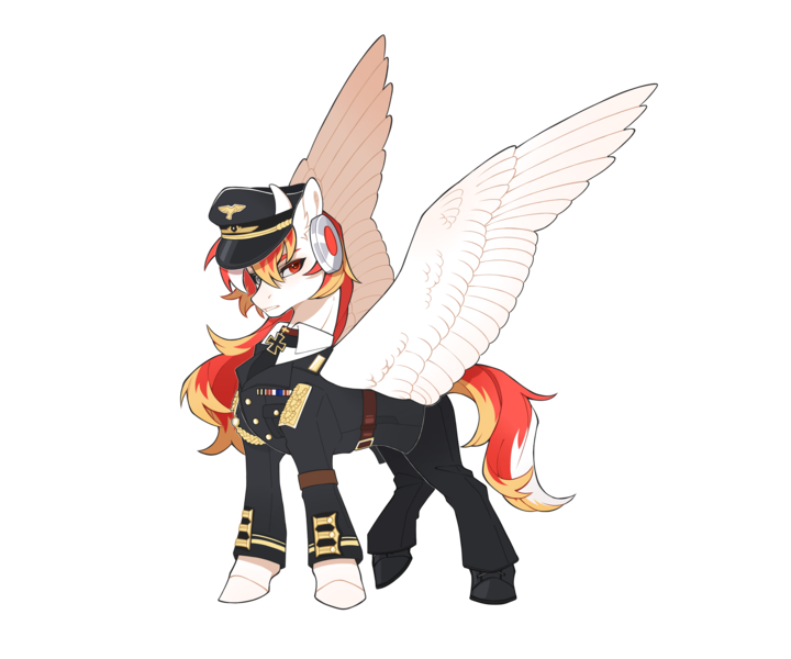 Size: 3000x2500 | Tagged: safe, artist:黑弦, derpibooru import, oc, oc:sovietsnow, unofficial characters only, pegasus, pony, derpibooru community collaboration, 2024 community collab, clothes, high res, horns, image, male, png, simple background, solo, spread wings, transparent background, uniform, wings
