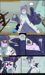 Size: 3000x4946 | Tagged: grimdark, artist:lostperras, derpibooru import, sci-twi, twilight sparkle, oc, human, equestria girls, bangs, belt, blood, breasts, chalkboard, chemicals, chemistry, cleavage, clothes, death, denim, dialogue, female, fingernails, g4, glasses, gloves, hair bun, image, jacket, jeans, lab coat, lip gloss, looking down, looking up, low angle, male, micro, pants, patreon, patreon logo, pencil, png, pockets, speech bubble, squish, squished, sweater, tiny, turtleneck, unaware, word bubble