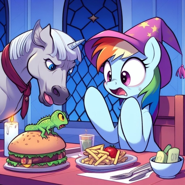 Size: 1024x1024 | Tagged: prompter needed, safe, ai content, derpibooru import, machine learning generated, rainbow dash, gecko, horse, lizard, pony, unicorn, animal, bowl, burger, candle, chair, cutlery, drink, drinking glass, female, food, fork, french fries, g4, generator:dall-e 3, glass, hamburger, hat, image, indoors, jpeg, knife, mare, necktie, no context, open mouth, table, tomato, wat, window, wingless, wizard hat