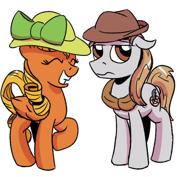 Size: 1200x1200 | Tagged: safe, artist:pony-berserker, derpibooru import, oc, oc:longhaul, oc:southern comfort, unofficial characters only, earth pony, pegasus, derpibooru community collaboration, 2024 community collab, female, hat, image, male, png, simple background, smiling, transparent background, unamused