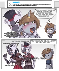 Size: 2480x2948 | Tagged: suggestive, artist:felixf, derpibooru import, oc, oc:kizya, oc:littlepip, unofficial characters only, anthro, zebra, fallout equestria, series:ask handmaiden from stable №2, anthro oc, blazing sands of zebrika universe, blushing, breasts, chibi, comic, high res, horn, horn ring, image, jewelry, png, ring, sex slave, slave, tongue out, zebra oc, zebra supremacy, zebradom