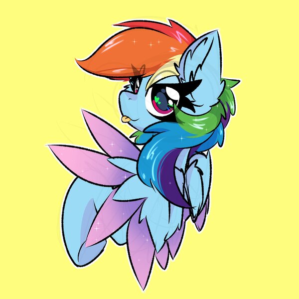 Size: 2000x2000 | Tagged: safe, artist:jubyskylines, derpibooru import, rainbow dash, pegasus, pony, :p, bust, colored wings, ear fluff, female, g4, heart, heart eyes, high res, image, jpeg, lidded eyes, looking at you, mare, multicolored wings, simple background, solo, tongue out, wingding eyes, wings, yellow background