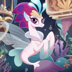 Size: 1024x1024 | Tagged: safe, ai content, derpibooru import, machine learning generated, prompter:dreaming dusk, stable diffusion, queen novo, seapony (g4), my little pony: the movie, bubble, crown, dorsal fin, eyeshadow, female, fin, fin wings, fins, floppy ears, flowing mane, g4, generator:pony diffusion v6 xl, generator:purplesmart.ai, image, jewelry, lying down, makeup, png, purple eyes, regalia, smiling, solo, swimming, underwater, water, wings